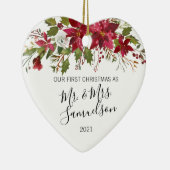 Eerste Kerstmis Waterverf Rode Poinsettia Keramisch Ornament (Rechts)