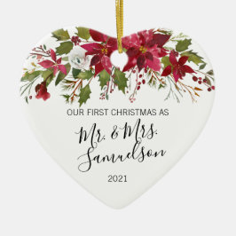 Eerste Kerstmis Waterverf Rode Poinsettia Keramisch Ornament
