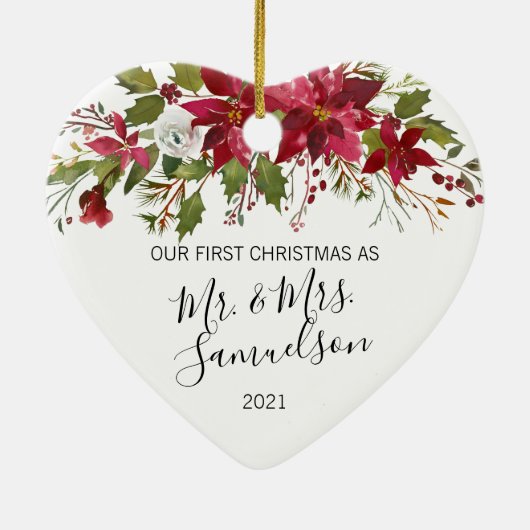 Eerste Kerstmis Waterverf Rode Poinsettia Keramisch Ornament (Achterkant)