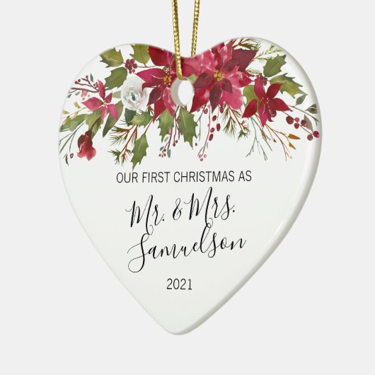 Eerste Kerstmis Waterverf Rode Poinsettia Keramisch Ornament (Links)