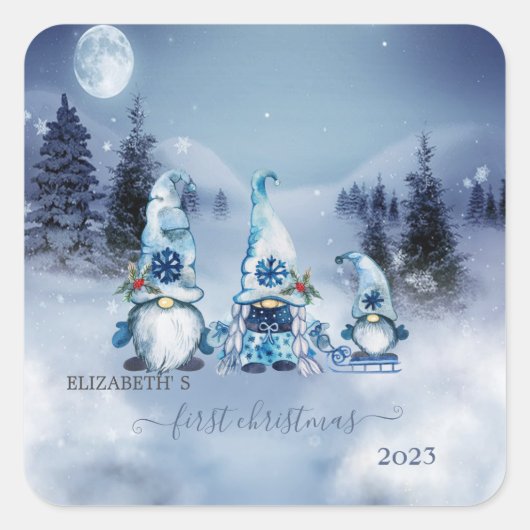 Eerste Kerstmis, winterlandschap, blauwe gnomen Vierkante Sticker (Voorkant)