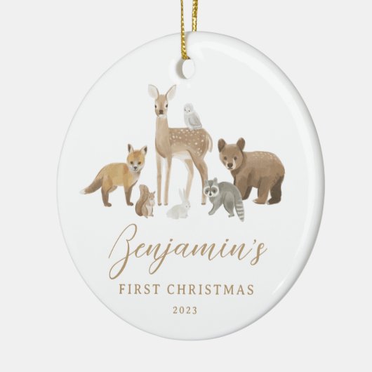 Eerste Kerstmis Woodland Dieren Baby Stats Keramisch Ornament (Links)