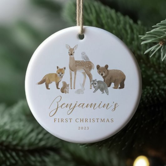 Eerste Kerstmis Woodland Dieren Baby Stats Keramisch Ornament