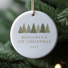 Eerste Kerstmis Woodland Pine Bomen Baby Stats Keramisch Ornament