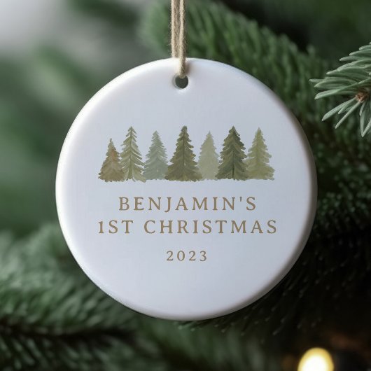 Eerste Kerstmis Woodland Pine Bomen Baby Stats Keramisch Ornament