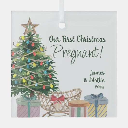Eerste Kerstmis Zwangere kerstbomen en Wieg Glas Ornament (Voorkant)