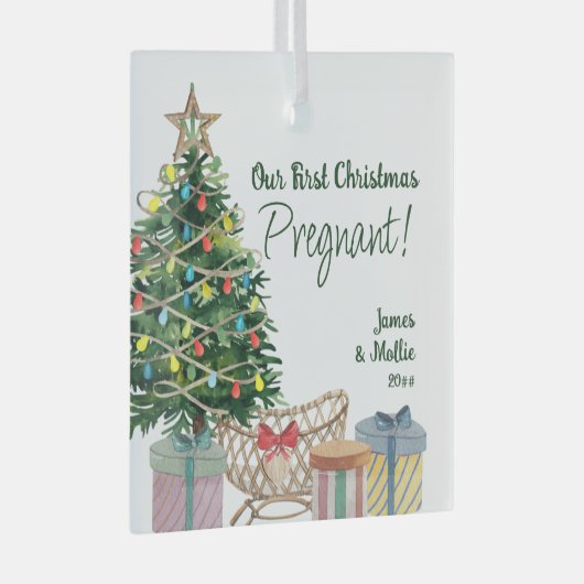 Eerste Kerstmis Zwangere kerstbomen en Wieg Glas Ornament (Voorkant Rechts)