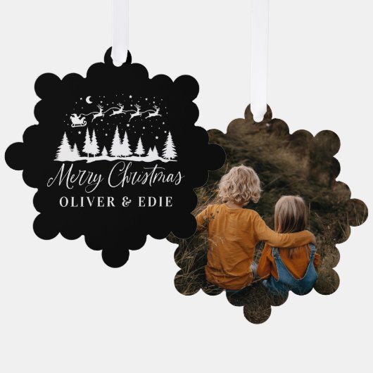 Eerste Kerstmis zwarte rendieren elegant 1 foto Ornament Kaart (Voorkant / Achterkant)