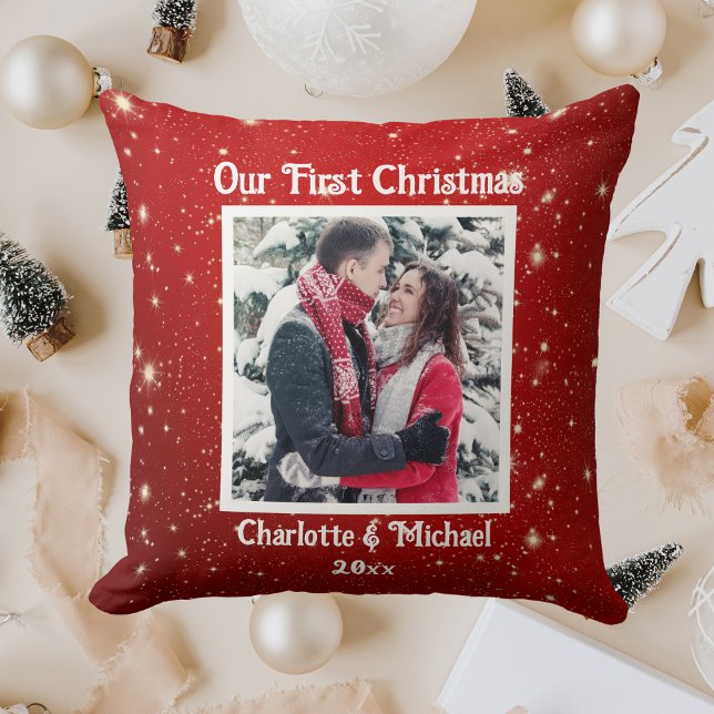 Eerste Kerstmisfoto, voeg namen toe Kussen (First Christmas Photo, Add Names Throw Pillow)