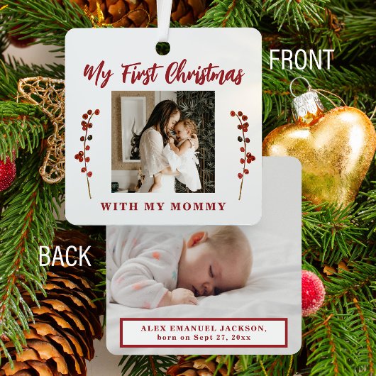 Eerste kerstmoeder en baby 2 foto metalen ornament