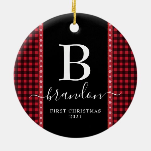 Eerste kerstmonogram Baby Naam Buffalo Pset Keramisch Ornament (Achterkant)