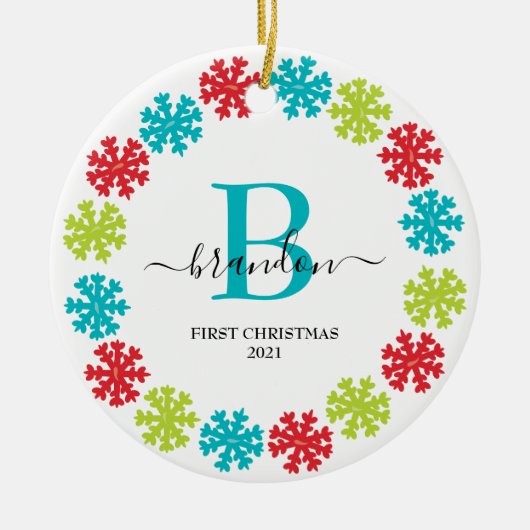 Eerste kerstmonogram Baby Naam Kerstmis Wreater Keramisch Ornament (Voorkant)