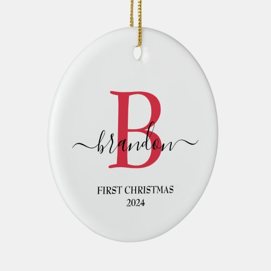Eerste kerstmonogram Baby Naam Paspoort Aangepast Keramisch Ornament (Rechts)
