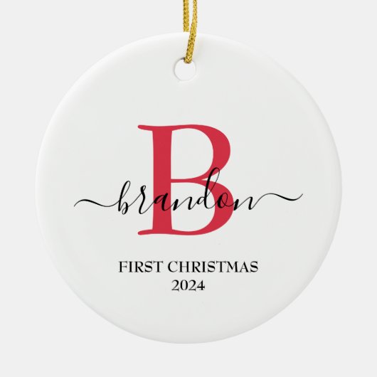 Eerste kerstmonogram Baby Naam Paspoort Aangepast Keramisch Ornament (Voorkant)