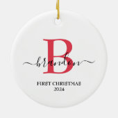 Eerste kerstmonogram Baby Naam Paspoort Aangepast Keramisch Ornament (Achterkant)