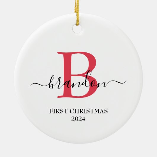 Eerste kerstmonogram Baby Naam Paspoort Aangepast Keramisch Ornament (Achterkant)