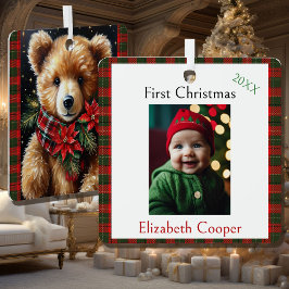 Eerste kerstnaam jaar teddybeer metalen ornament