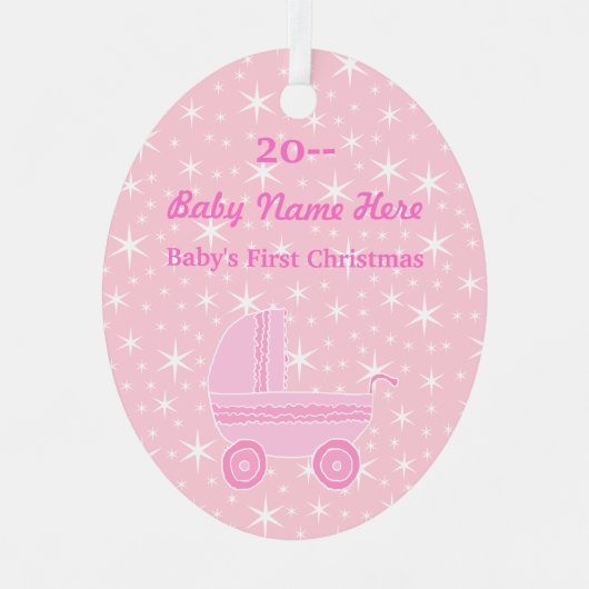 Eerste kerstontwerp voor baby's in roze en wit metalen ornament (Voorkant)