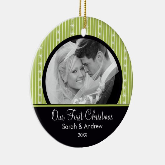Eerste kerstornament Green & Black Stripes Keramisch Ornament (Rechts)