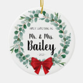 Eerste kerstOrnament Pas getrouwd Weddenschap Gift Keramisch Ornament (Voorkant)