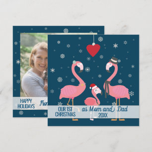 Eerste kerstouders foto flamingo sneeuwvlokken kaart