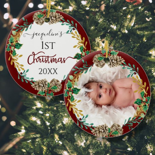 Eerste kerstouders Holly Pine Cone Leaf Foto Keramisch Ornament