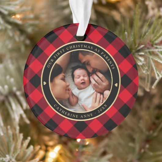 Eerste kerstouders Rustic Red Pset Foto Ornament (Boom)