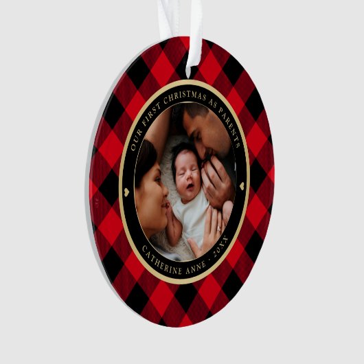 Eerste kerstouders Rustic Red Pset Foto Ornament (voorkant)