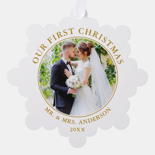 Eerste Kerstpaar Foto Gouden Ornament Kaart (Voorkant)