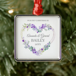 Eerste kerstpaar met lavendelbloemen metalen ornament