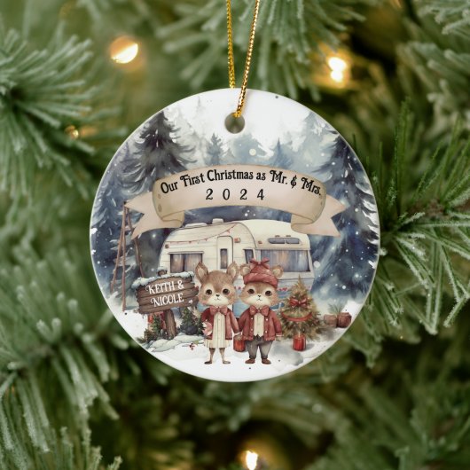 Eerste Kerstpaar RV Camping Pas getrouwd Keramisch Ornament (Boom)