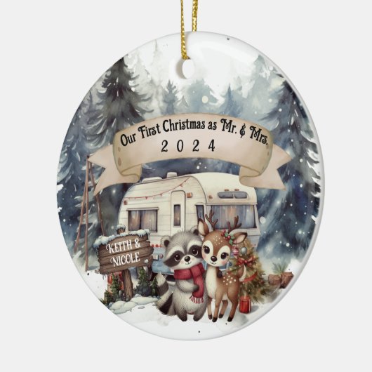 Eerste Kerstpaar RV Camping Pas getrouwd Keramisch Ornament (Links)