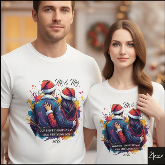 Eerste kerstpaar Santa verfspatten T-shirt