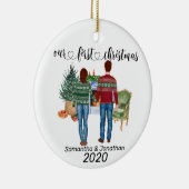 Eerste kerstparen bruine Passen getrouwd Keramisch Ornament (Rechts)