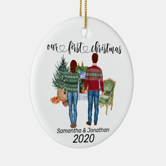 Eerste kerstparen bruine Passen getrouwd Keramisch Ornament (Rechts)