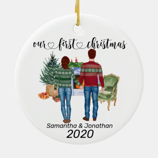 Eerste kerstparen bruine Passen getrouwd Keramisch Ornament (Achterkant)