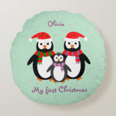 Eerste kerstpinguïns, aangepaste tekst dubbelzijdi rond kussen (Voorkant)