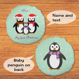Eerste kerstpinguïns, aangepaste tekst dubbelzijdi rond kussen