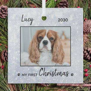 Eerste kerstpop - Silver Dog Pet-foto Glas Ornament
