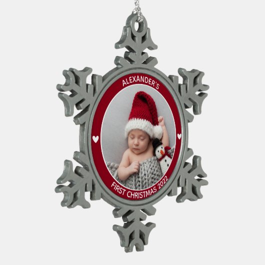 Eerste kerstrode Baby foto Persoonlijk Tin Sneeuwvlok Ornament (Links)