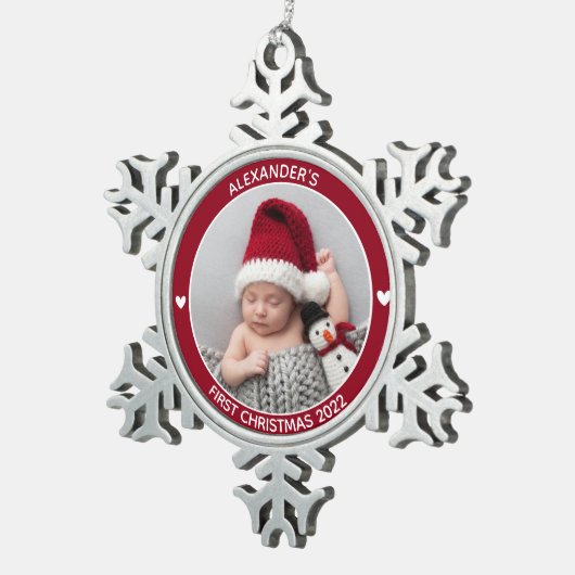 Eerste kerstrode Baby foto Persoonlijk Tin Sneeuwvlok Ornament (Rechts)