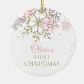 Eerste kerstroze en gouden glitter Snowflake Keramisch Ornament (Voorkant)