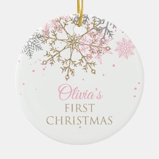 Eerste kerstroze en gouden glitter Snowflake Keramisch Ornament (Voorkant)