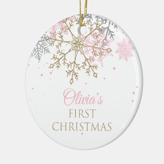 Eerste kerstroze en gouden glitter Snowflake Keramisch Ornament (Links)