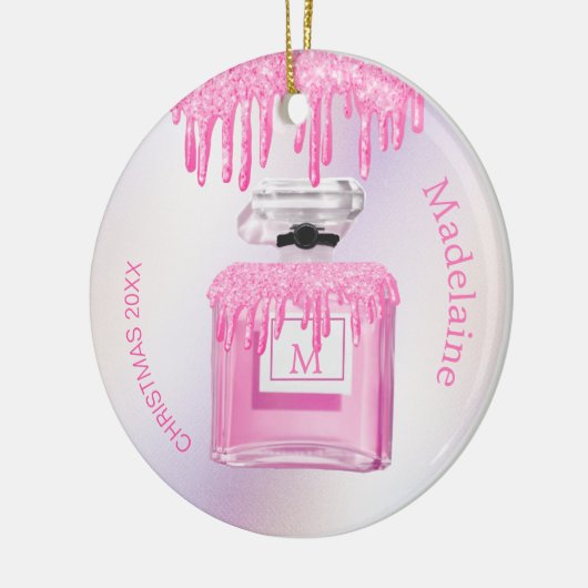 Eerste kerstroze Glitter Perfume Monogram Keramisch Ornament (Links)