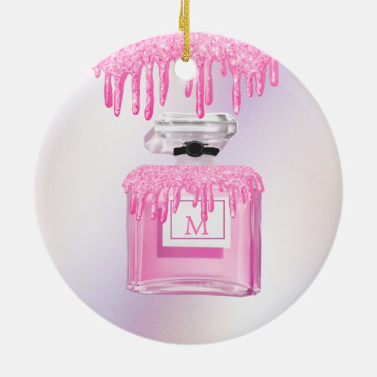 Eerste kerstroze Glitter Perfume Monogram Keramisch Ornament (Achterkant)