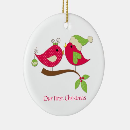 Eerste kerstroze Tortelduifjes op Holly Keramisch Ornament (Rechts)