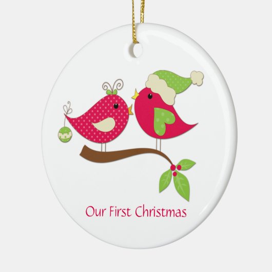 Eerste kerstroze Tortelduifjes op Holly Keramisch Ornament (Links)