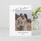 Eerste kerstscript 2 foto's bruiloft kerst bedankkaart (Staand voorkant)