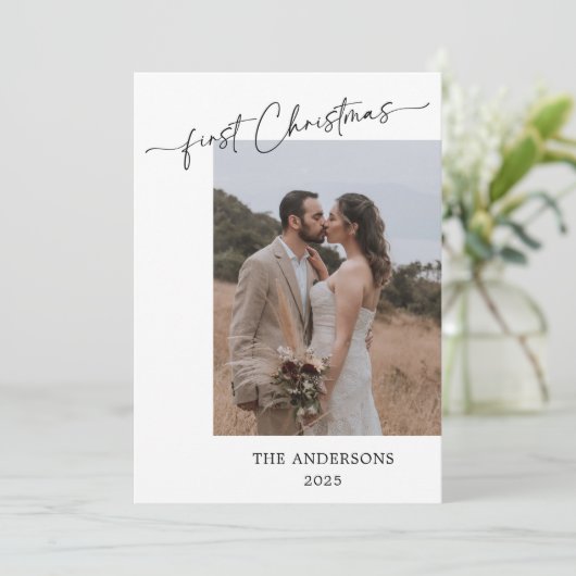 Eerste kerstscript 2 foto's bruiloft kerst bedankkaart (Staand voorkant)